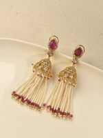 Load image into Gallery viewer, Elegant Golden Necklace with Red Gemstones | Gold-Toned Ruby &amp; Pearl Tassel Pendant Set
