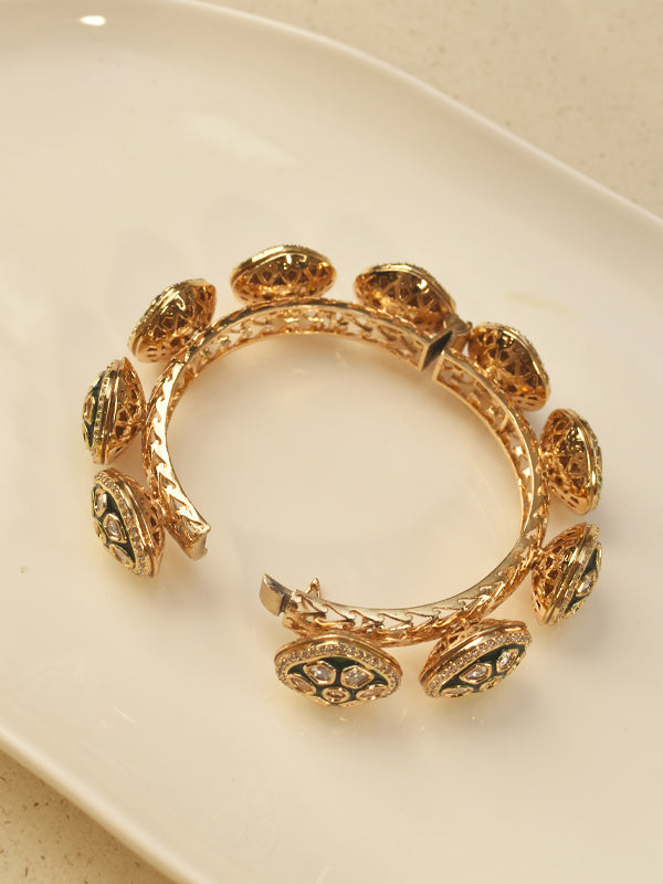 Kundan Bangles with Multiple oval and Round Decorative Charms | Golden Polish Kundan Bangles
