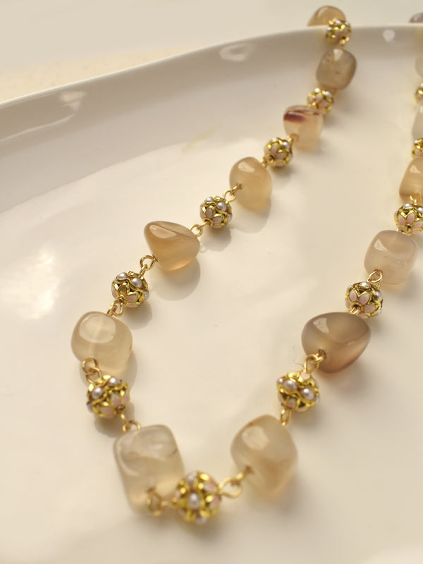 Beautiful Stone Necklace | Delicate Floral accents Golden Beads Necklace