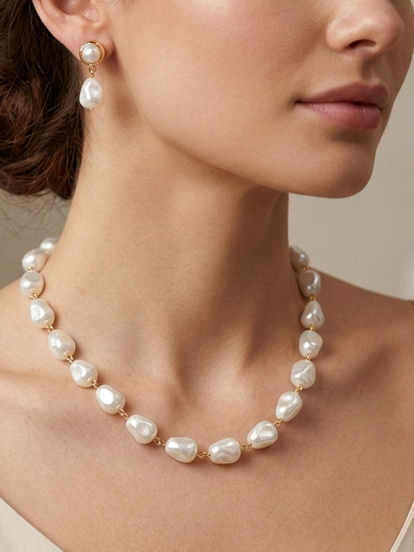Pearl Necklace with Gold Clasps | Single Line Uniquely Shaped Necklace