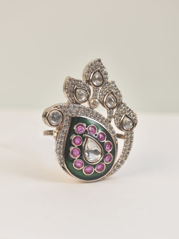 Beautiful Finger Ring with Green and Pink Stones | Classic Glow Polki Golden Finger Ring