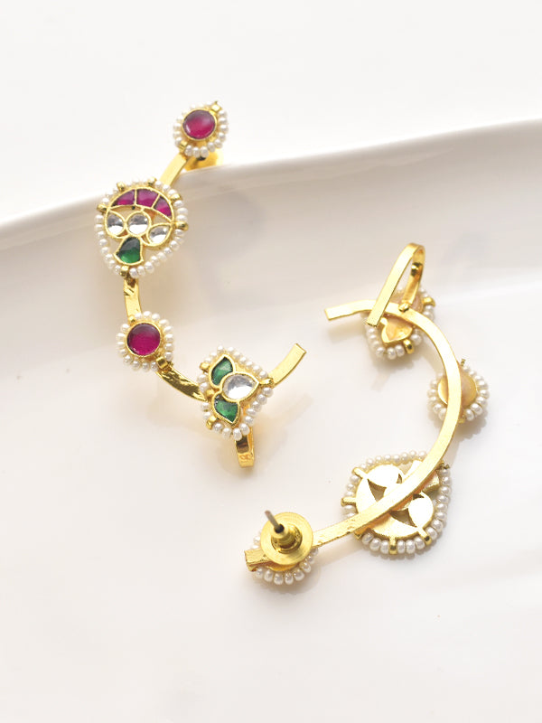 Golden Earring with Colorful Gemstones | Ear Cuff with Red and Green Gemstones