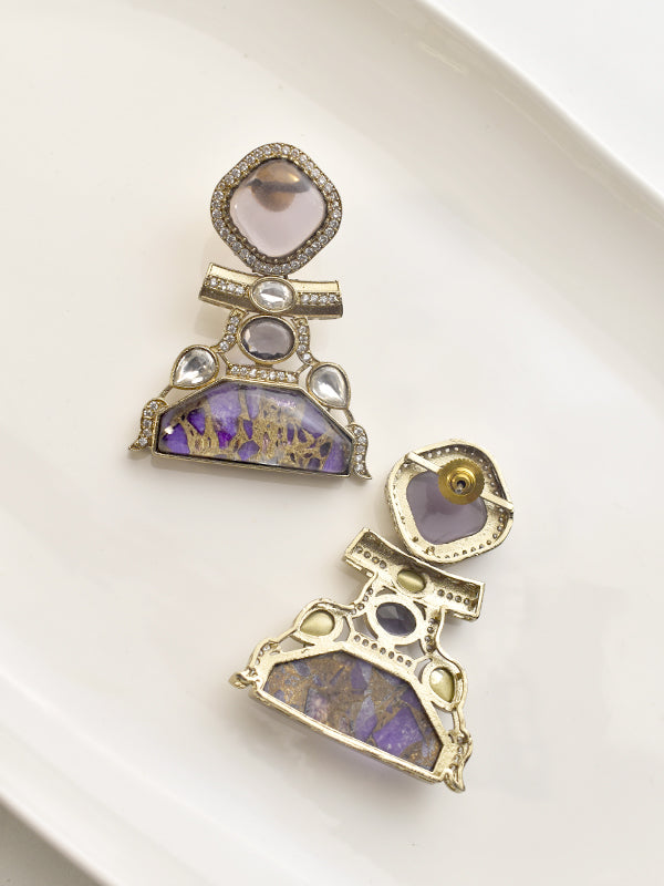 Earrings with Purple Gemstones | Ornate Purple Earrings with Golden Polish
