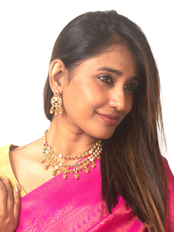 3 layer traditional necklace set | golden necklace with green and red stones