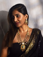 Load image into Gallery viewer, Traditional Necklace with Green, Red, and White Stones | Rich Layered Chain Work with Ruby &amp; Polki Detailing
