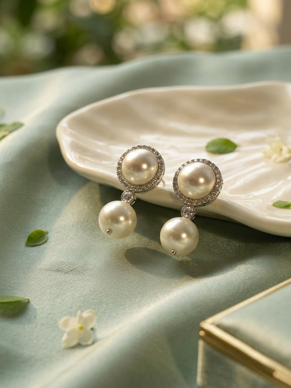 Dual Pearl Halo Drop Earrings | Luna Double Pearl Earrings