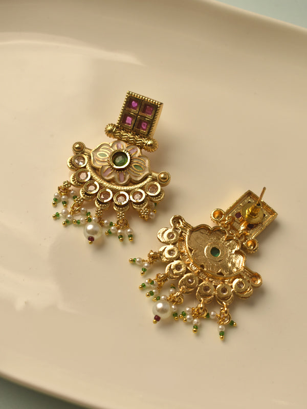 Traditional Kundan & Ruby Studded Chand Earrings | Golden Earrings with Intricate Designs