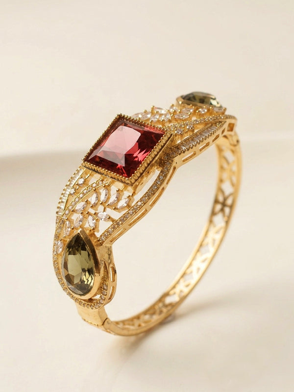 Imperial Ruby & Olive Crystal Filigree Bracelet | Big Red Gemstone Bracelet