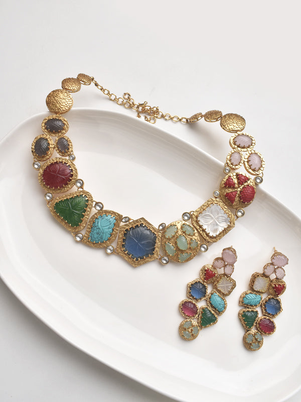 Royal Multicolor Gemstone Statement Necklace Set | Multicolor Stone Necklace with Golden Polish