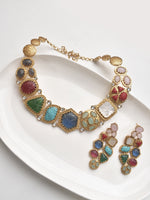 Load image into Gallery viewer, Royal Multicolor Gemstone Statement Necklace Set | Multicolor Stone Necklace with Golden Polish
