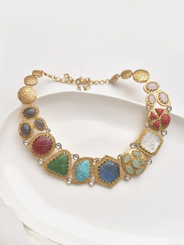 Royal Multicolor Gemstone Statement Necklace Set | Multicolor Stone Necklace with Golden Polish