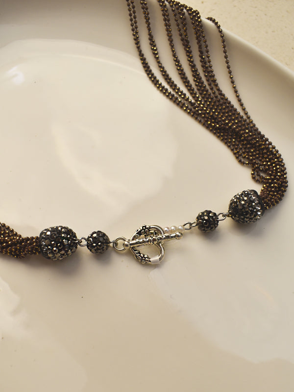 Golden Beaded Multi-Strand Statement Necklace Set | Five Large Beads and Multi-Layer Beaded Necklace