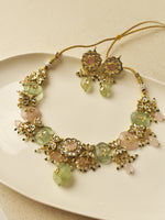 Load image into Gallery viewer, Kundan Necklace Set with Pink Stone | Pink and Green Necklace set
