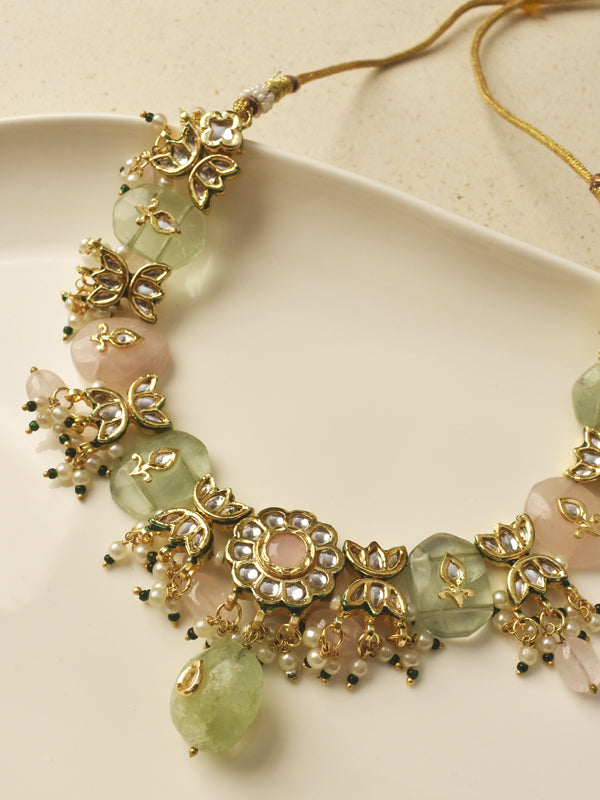 Kundan Necklace Set with Pink Stone | Pink and Green Necklace set