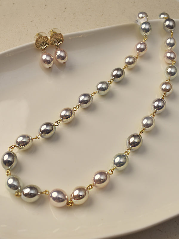 Orbit Two-Tone Metallic Pearl Necklace Set | Pearl Necklace with Golden Chain