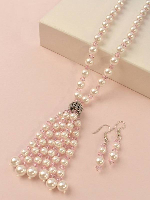 Blush Pink Crystal & Pearl Beaded Tassel Necklace Set | Long Pearl & Light Pink Crystal Tassel Necklace