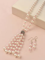Load image into Gallery viewer, Blush Pink Crystal &amp; Pearl Beaded Tassel Necklace Set | Long Pearl &amp; Light Pink Crystal Tassel Necklace
