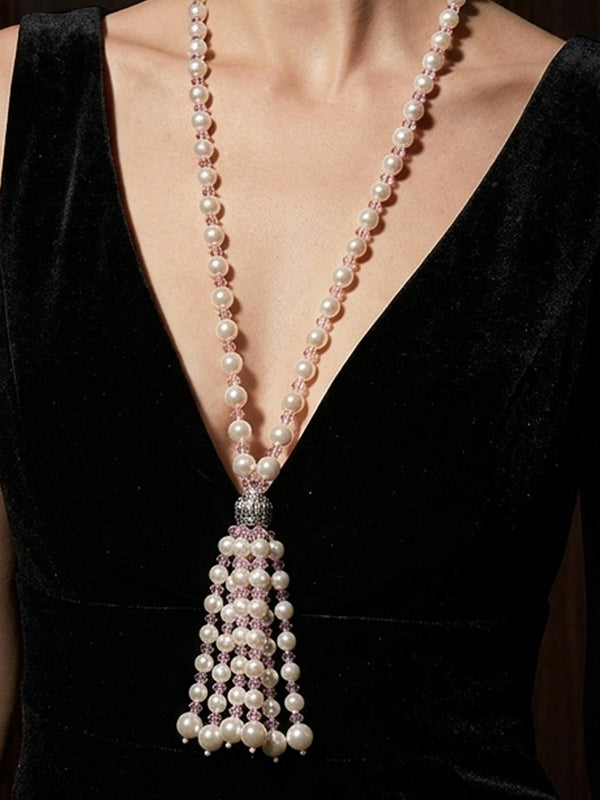 Blush Pink Crystal & Pearl Beaded Tassel Necklace Set | Long Pearl & Light Pink Crystal Tassel Necklace
