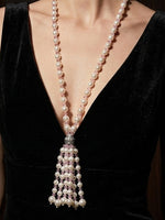 Load image into Gallery viewer, Blush Pink Crystal &amp; Pearl Beaded Tassel Necklace Set | Long Pearl &amp; Light Pink Crystal Tassel Necklace
