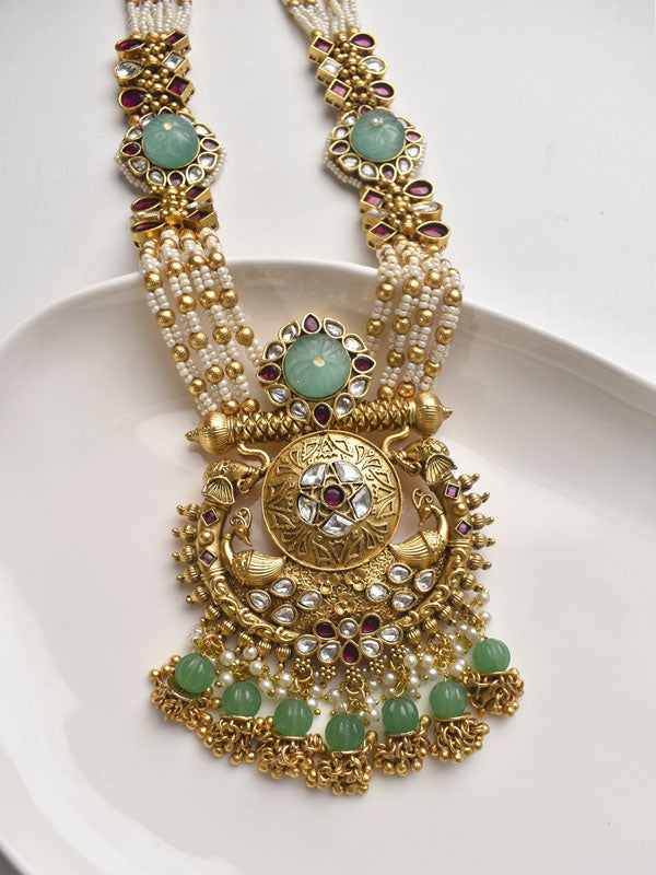Ornate Long Necklace with Beads and Kundan | Long Traditional Necklace Set