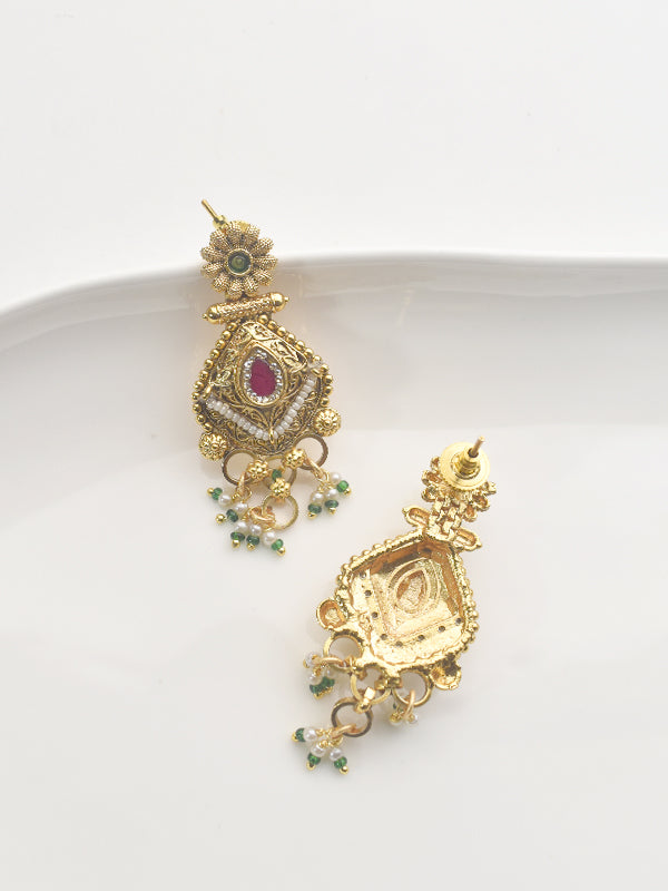 Golden Necklace with Red and Green Gemstones | Necklace with Intricate Designs with Colorful stones and Green Beads