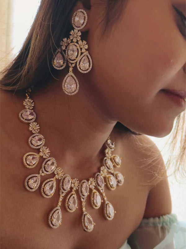 White Stone Necklace Set | Golden Ad Necklace Set