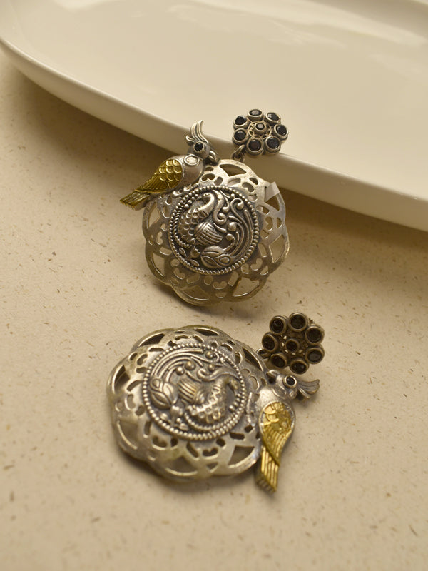 Dual tone mayura & bird dangler earrings | the mayura & parrot dual tone heritage medallion dangle earrings