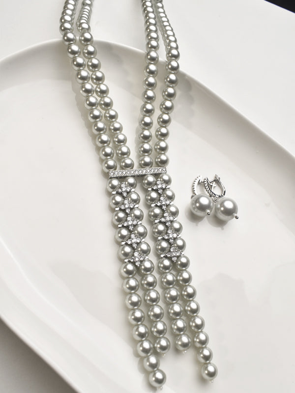 Multi-layar Beads Long Necklace | Green Beads Necklace with AD Stones