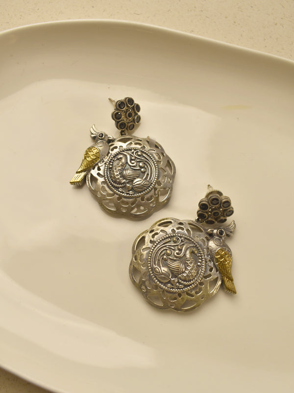 Dual tone mayura & bird dangler earrings | the mayura & parrot dual tone heritage medallion dangle earrings