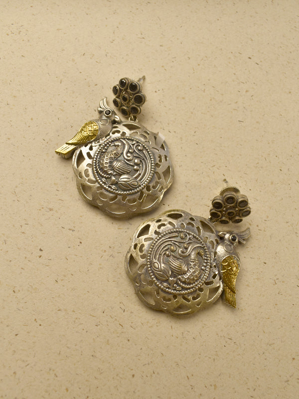Dual tone mayura & bird dangler earrings | the mayura & parrot dual tone heritage medallion dangle earrings