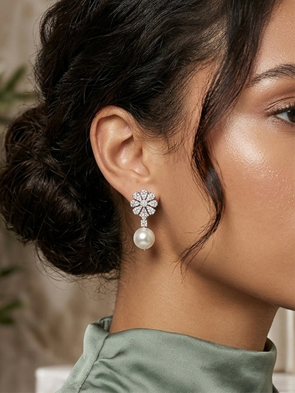 AD Floral Floret Pearl Drop Earrings