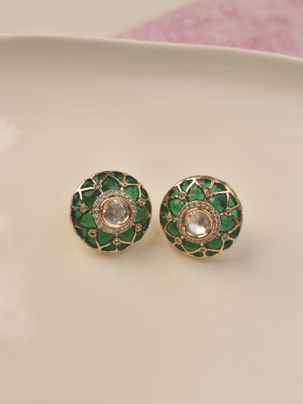 A pair of round gold-toned earrings with green stone enameled.