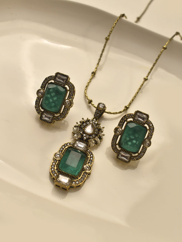 Antique green gemstone & cz necklace set | emerald cut green gemstone pendant necklace set for women