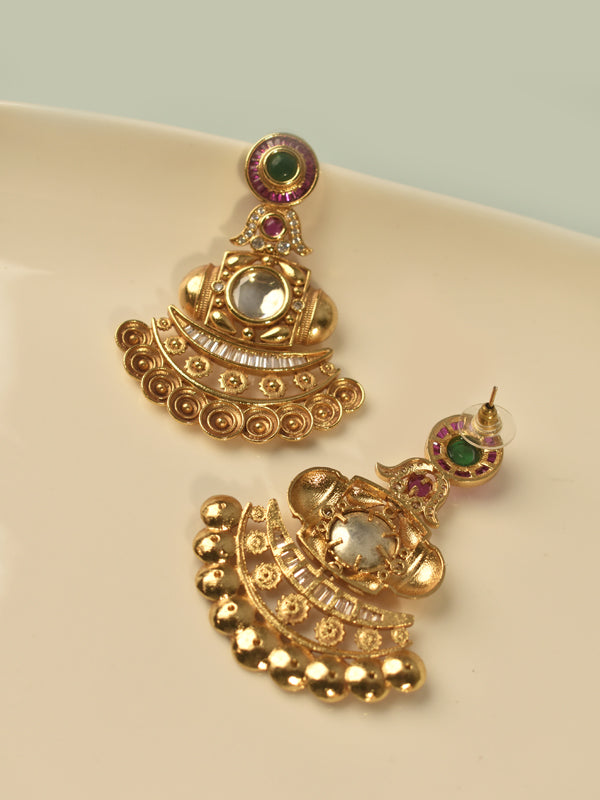 Antique Matte Gold Architectural Chand Drop Earrings 