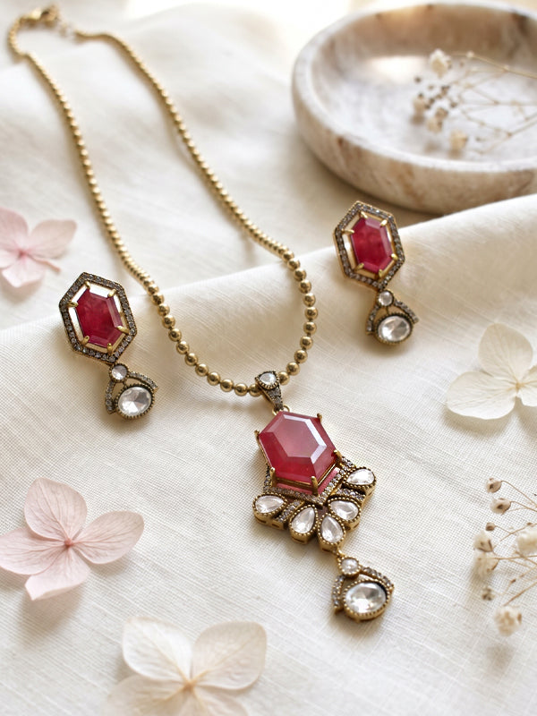 Antique polki & ruby pink drop pendant set
