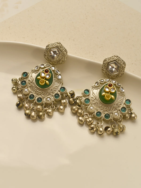 Antique silver & gold dual tone chandbali earrings with green enamel & ghungroo drops