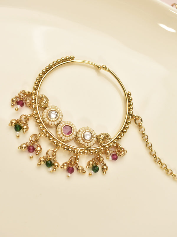 Beaded drop circular kundan nath | ruby & green beaded bridal nath with chain
