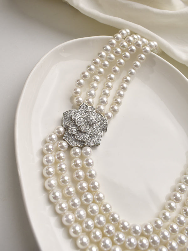Beads Mala With Flower Designs AD Pendant | Four Line Beads Mala