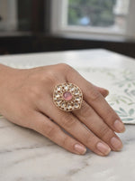 Load image into Gallery viewer, Beautiful Kundan Finger Ring | Golden Polish Ring with a Large Pink Gemstone
