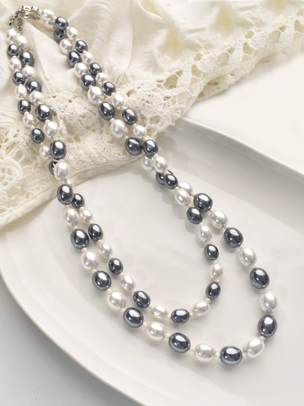 Black and White Beaded Two-Line Mala | Beaded Necklace for Women
