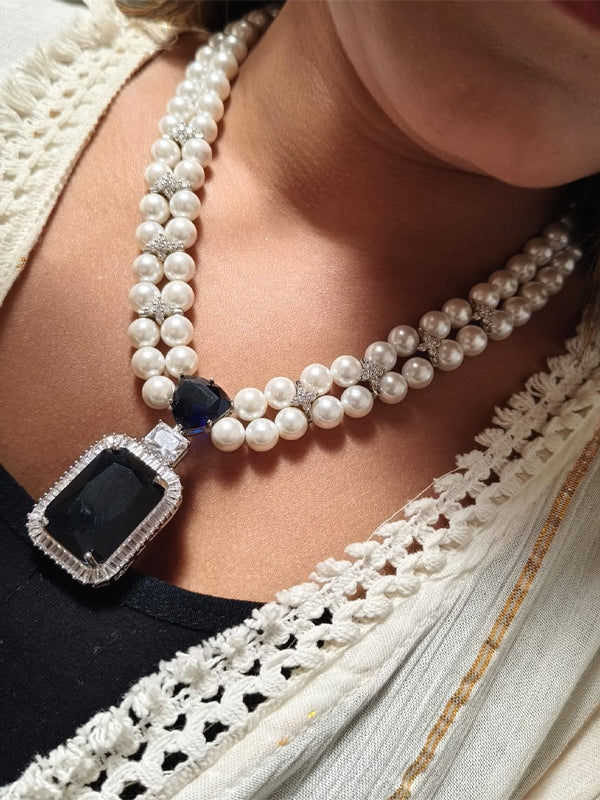 Blue Stone Necklace | White Pearl Necklace
