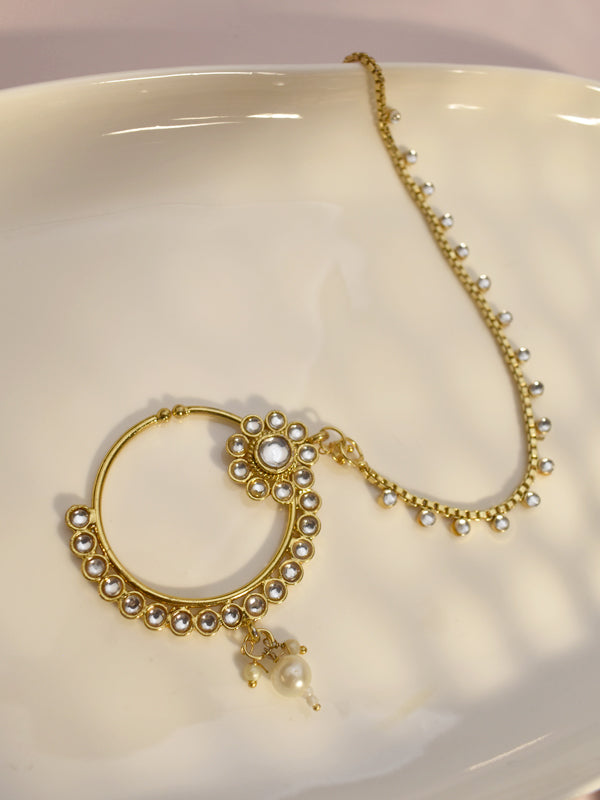 Classic Golden Floral Kundan Nath with Pearl Charm | Mira Pearl Drop Circular Kundan Nath