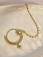 Load image into Gallery viewer, Classic Golden Floral Kundan Nath with Pearl Charm | Mira Pearl Drop Circular Kundan Nath
