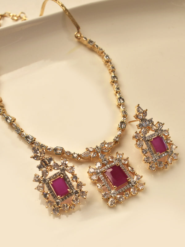 Classic Ruby Crystal Pendant Necklace with AD Stone Chain