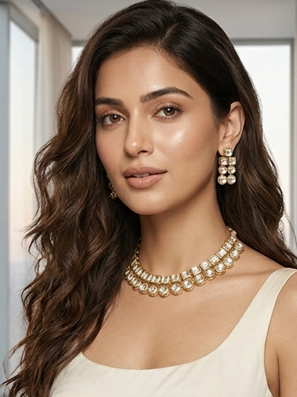 Clear Rectangular and Round Kundan Stones | Stylish Kundan Necklace Set 