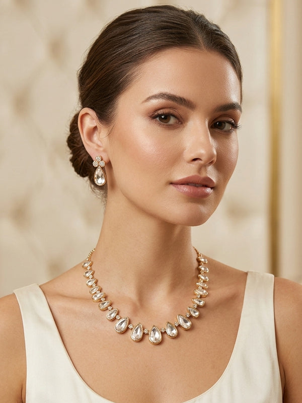 Clear teardrop shaped kundan necklace | golden polish kundan necklace set