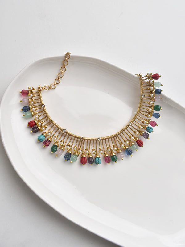 Colorful beaded necklace with golden accents | stylish multi color stone jewelry set