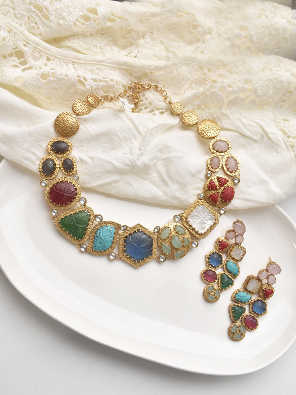 Colorful gemstone necklace and earrings 