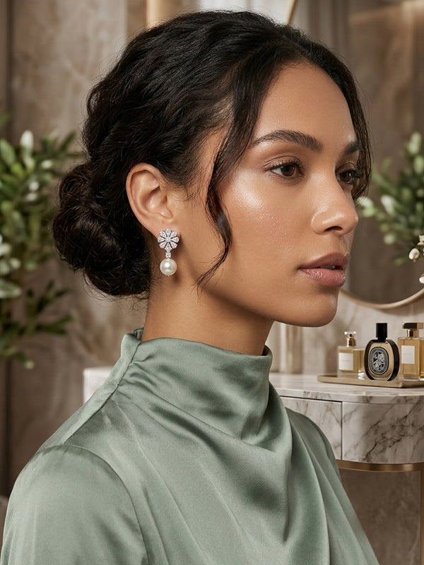 Crystal floral floret pearl drop earrings