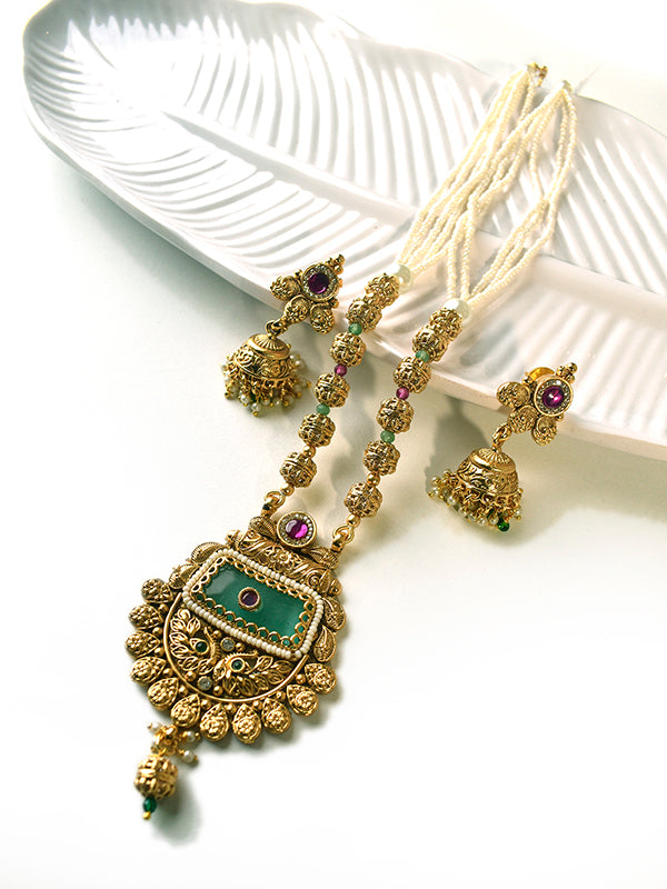 Golden Necklace with Colorful Stones | Traditional Necklace Set